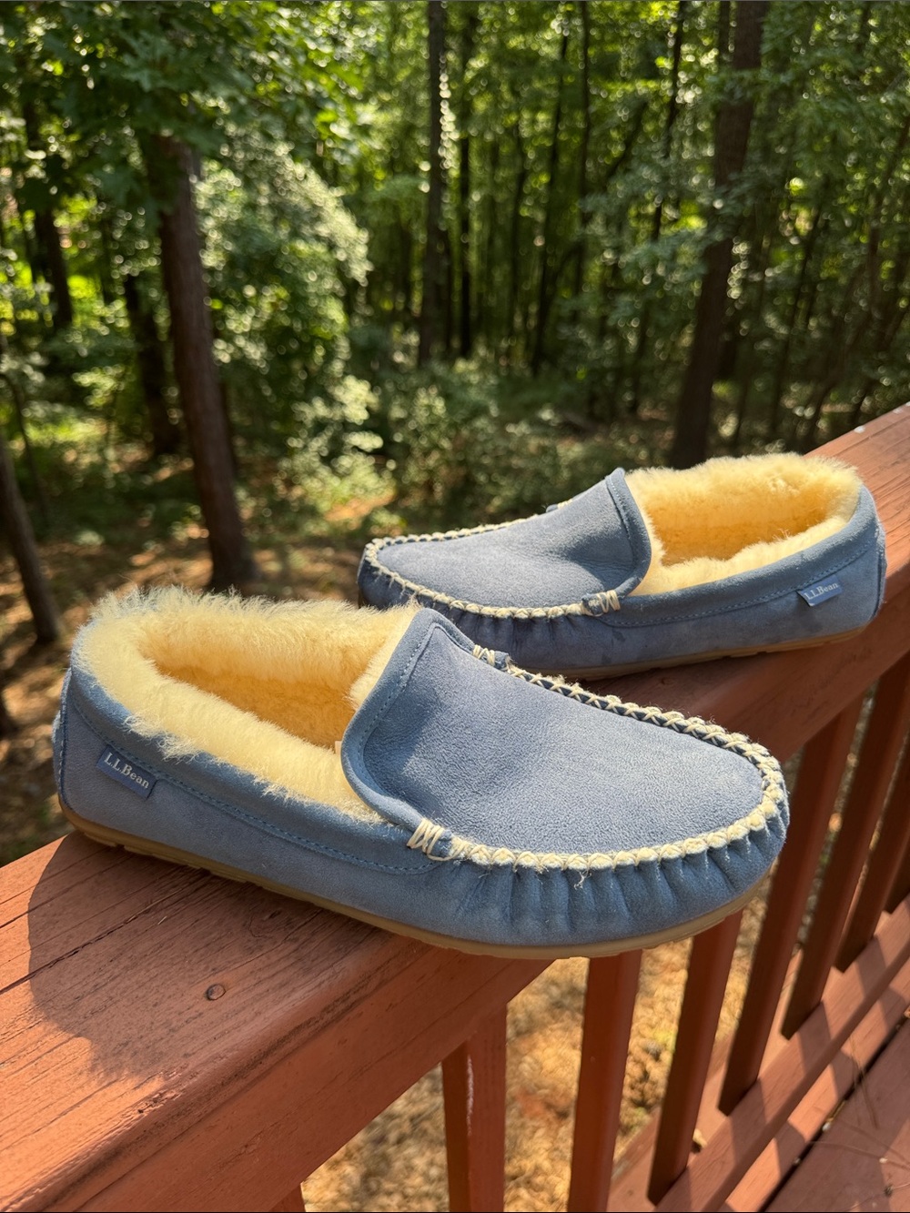 L.L. Bean Wicked Good Light Blue Suede Shearling-Lined Moccasins Slippers lamb